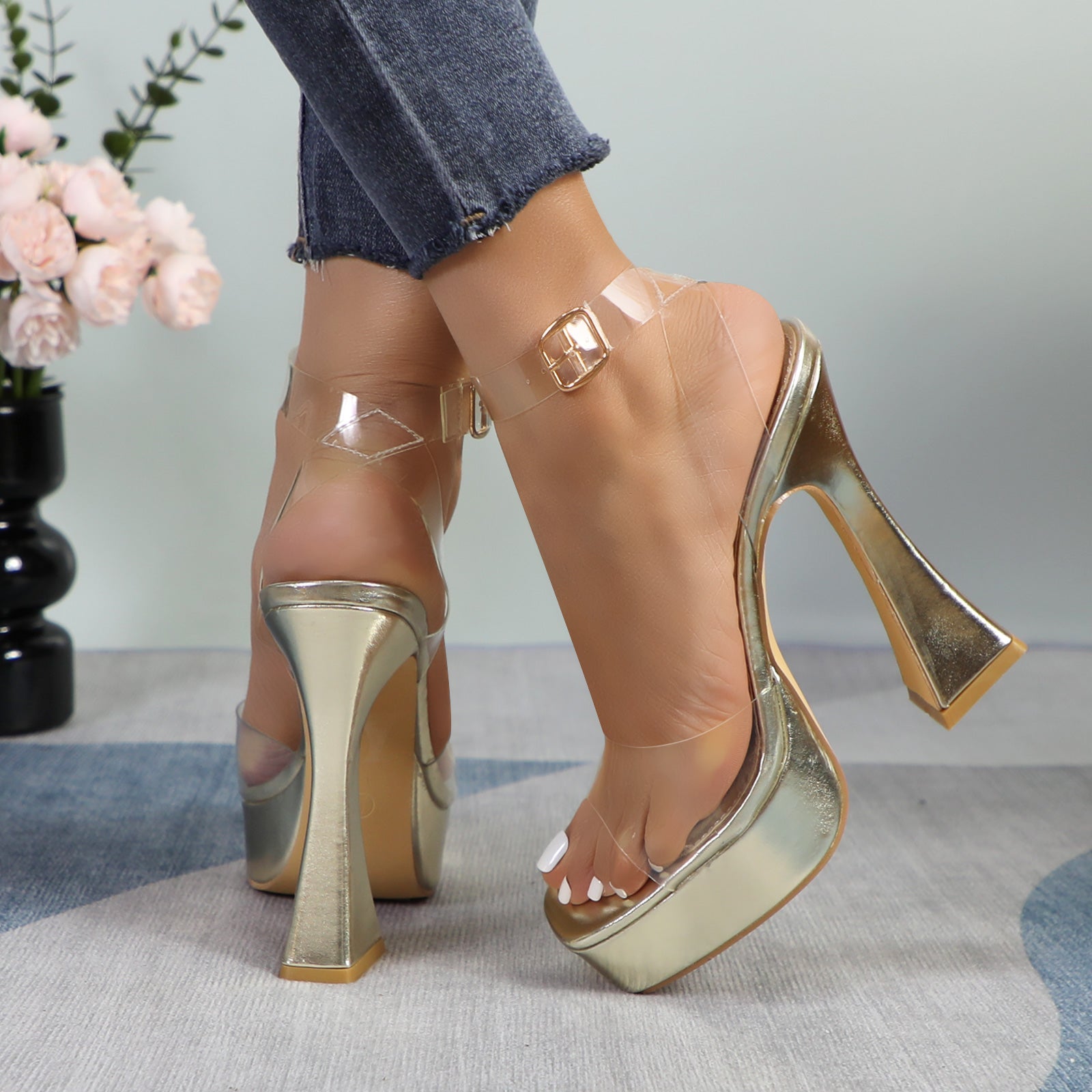 Glaze Women's Transparent Ankle Strap Platform Sandals 5 Inch Sculpture Heel