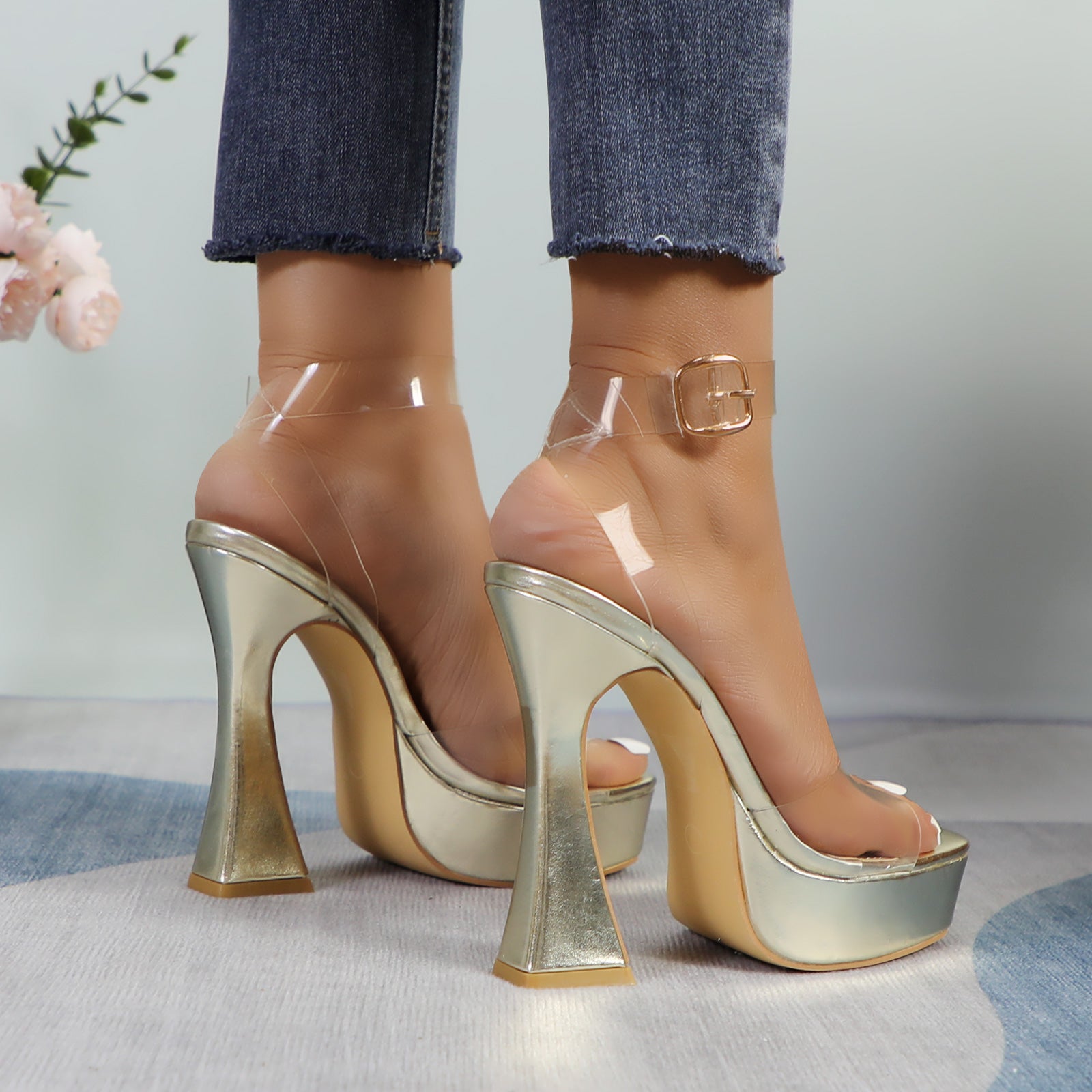 Glaze Women's Transparent Ankle Strap Platform Sandals 5 Inch Sculpture Heel