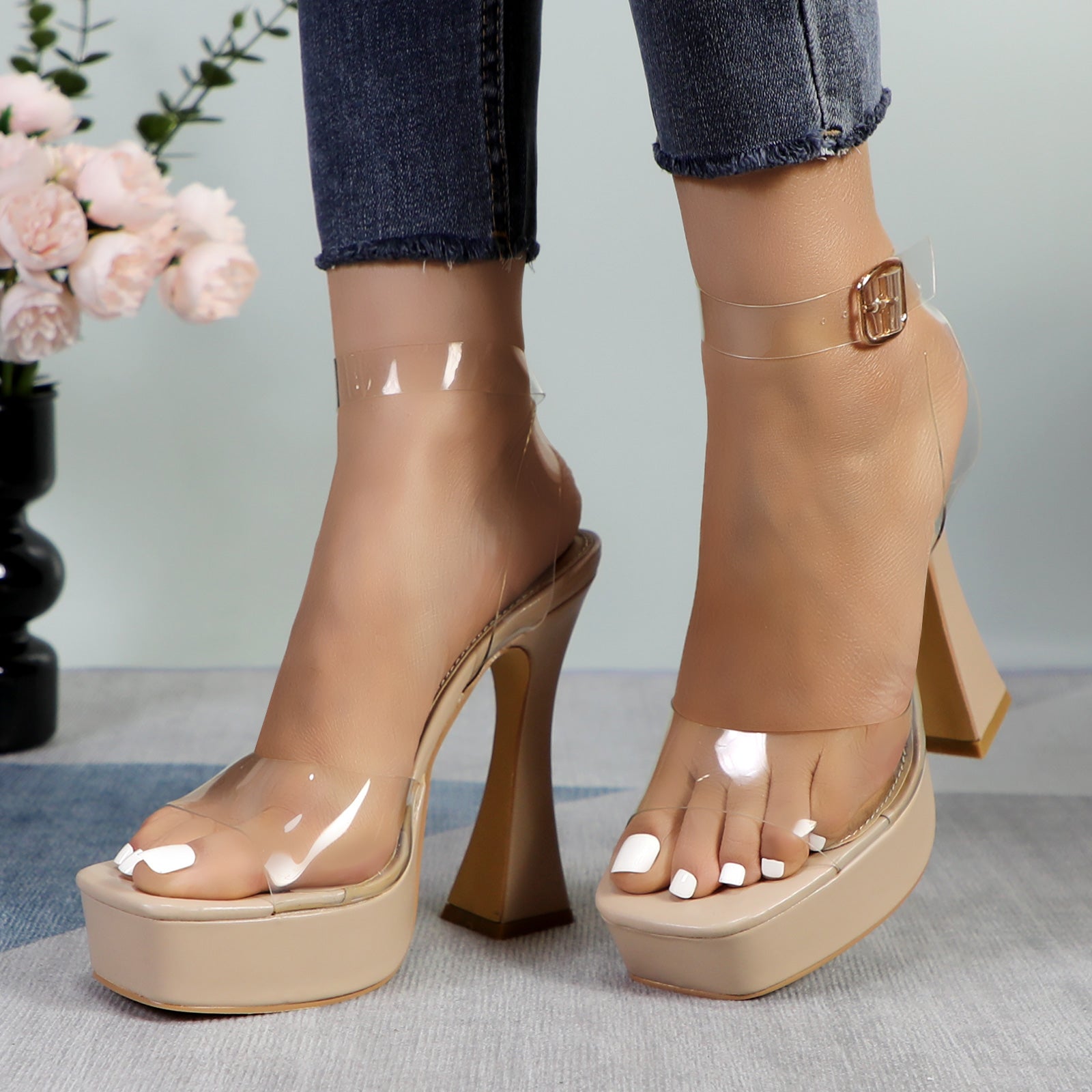 Glaze Women's Transparent Ankle Strap Platform Sandals 5 Inch Sculpture Heel