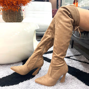 Betsy Collection Dress Over the Knee Boots Side Zipper with Sculptural Heel