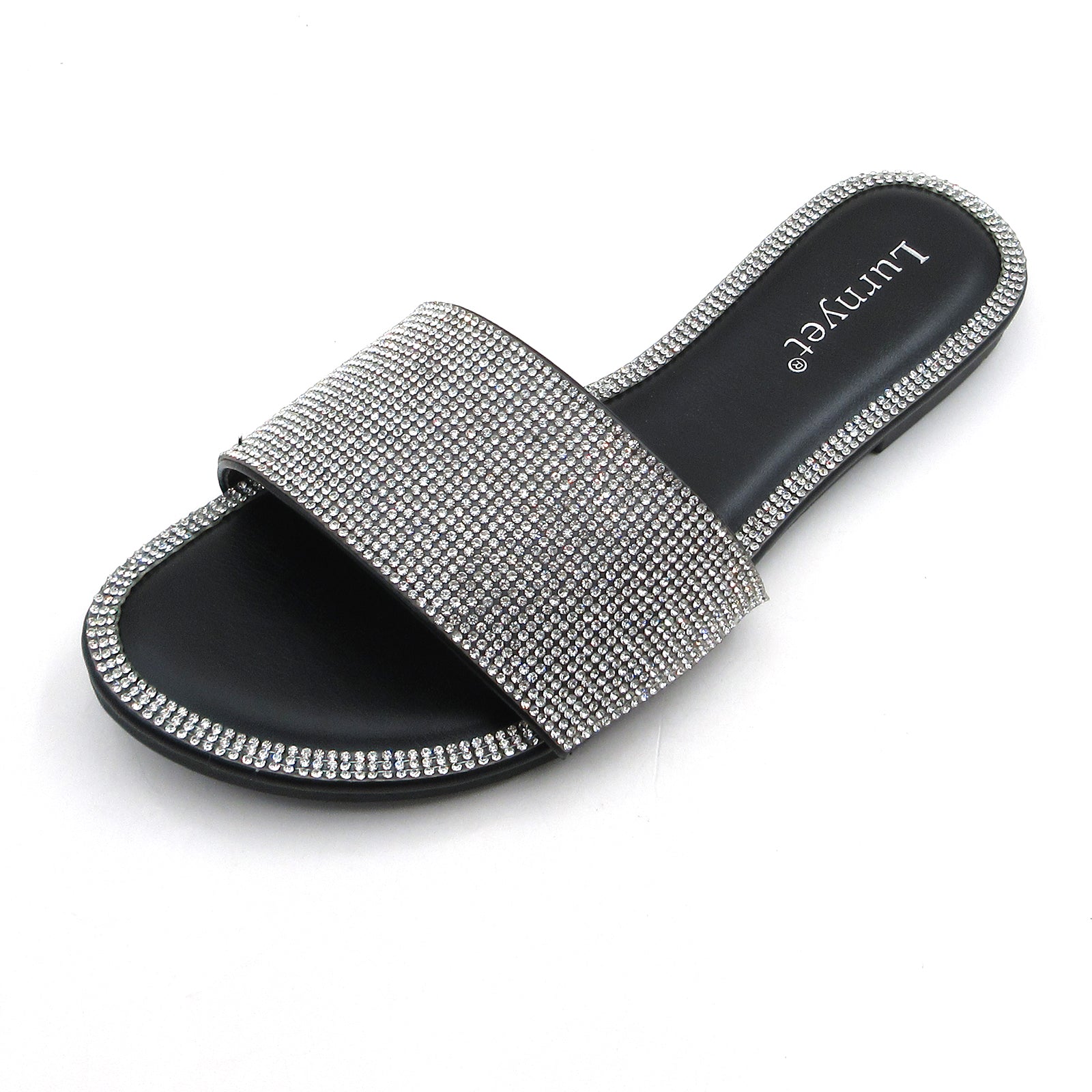 Lurnyet Women Rhinestone Embellished Slide Sandals
