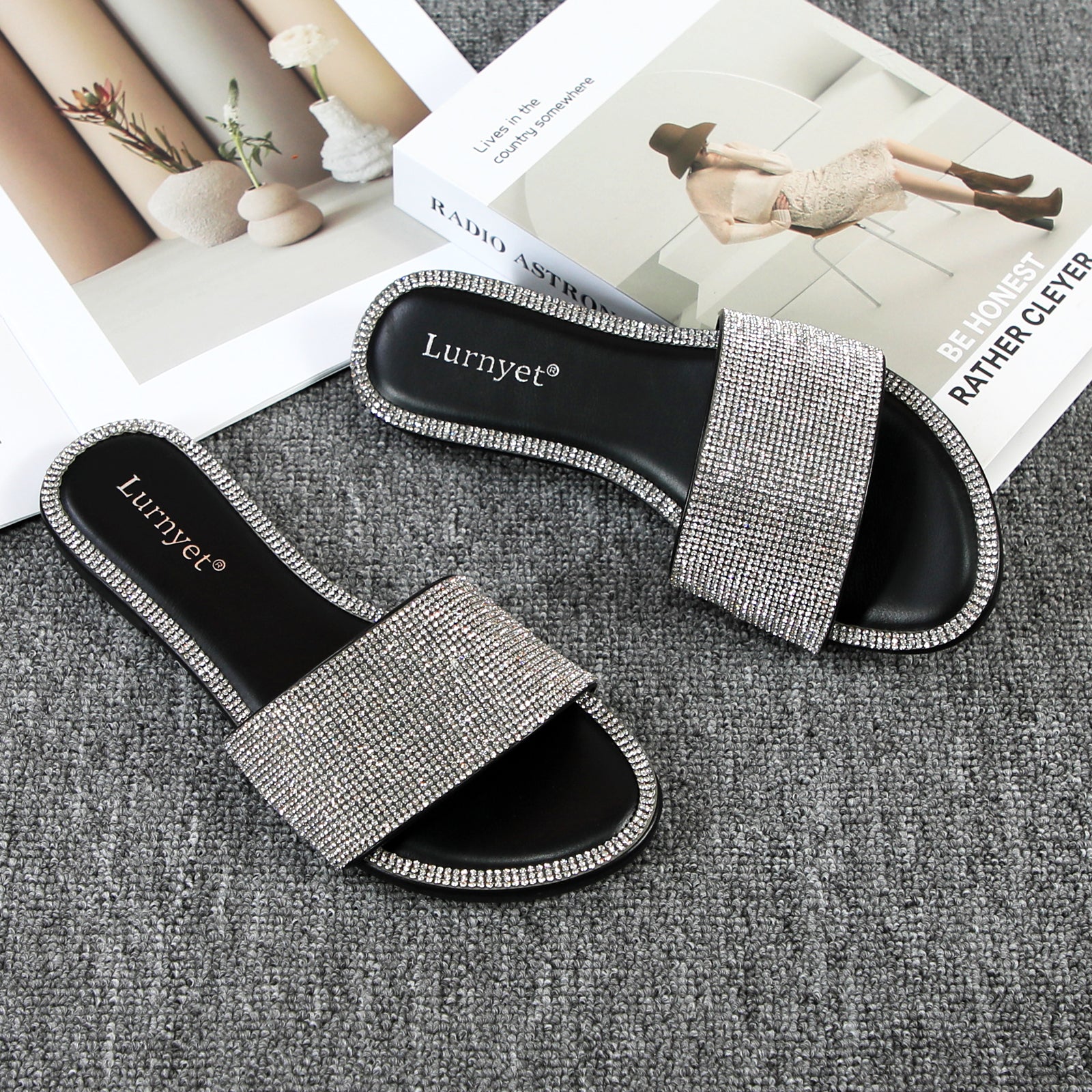 Lurnyet Women Rhinestone Embellished Slide Sandals