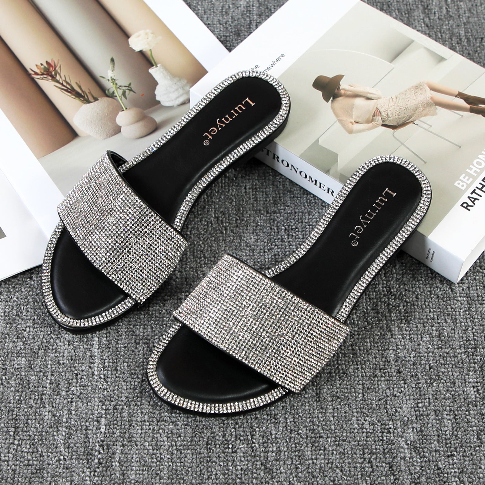 Lurnyet Women Rhinestone Embellished Slide Sandals