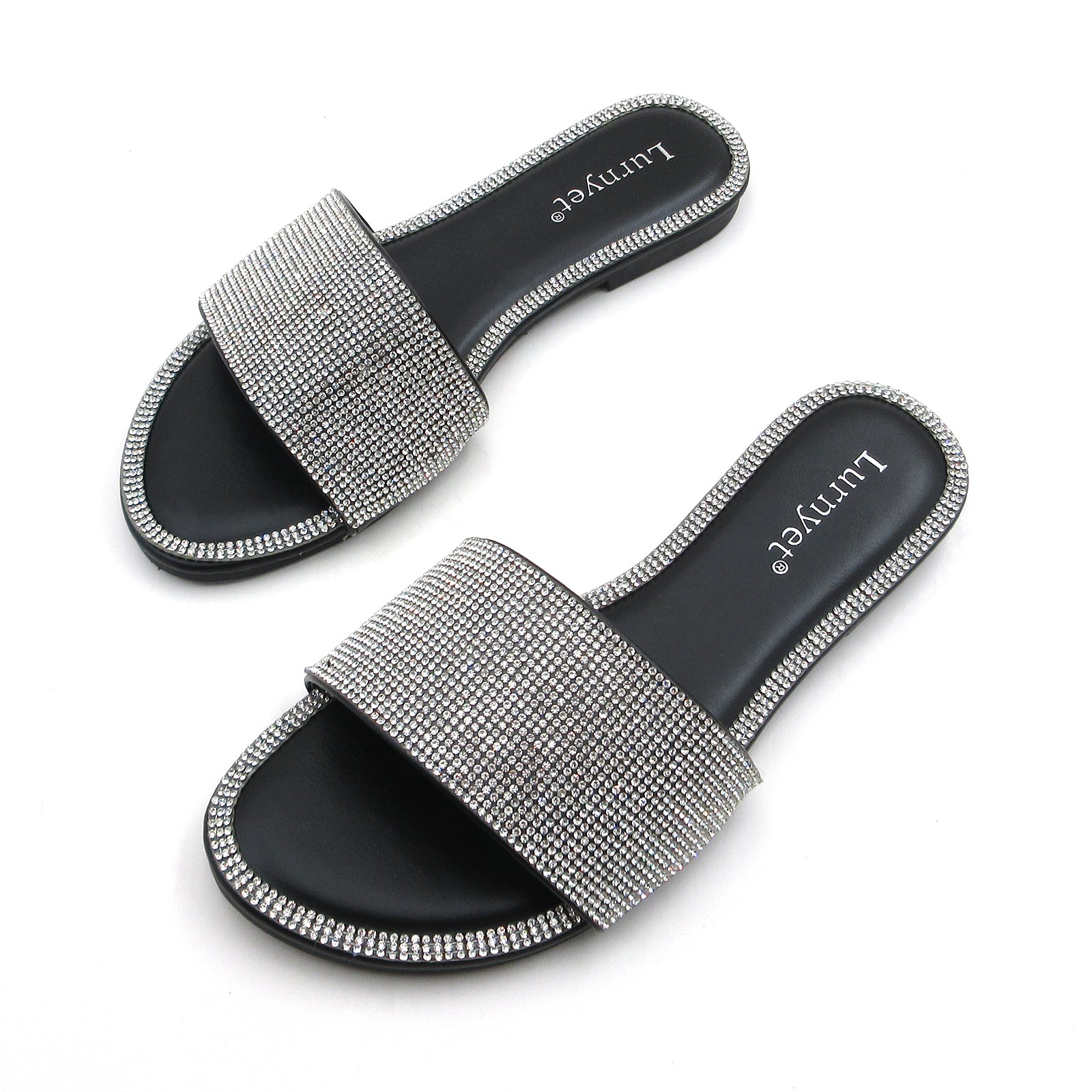 Lurnyet Women Rhinestone Embellished Slide Sandals