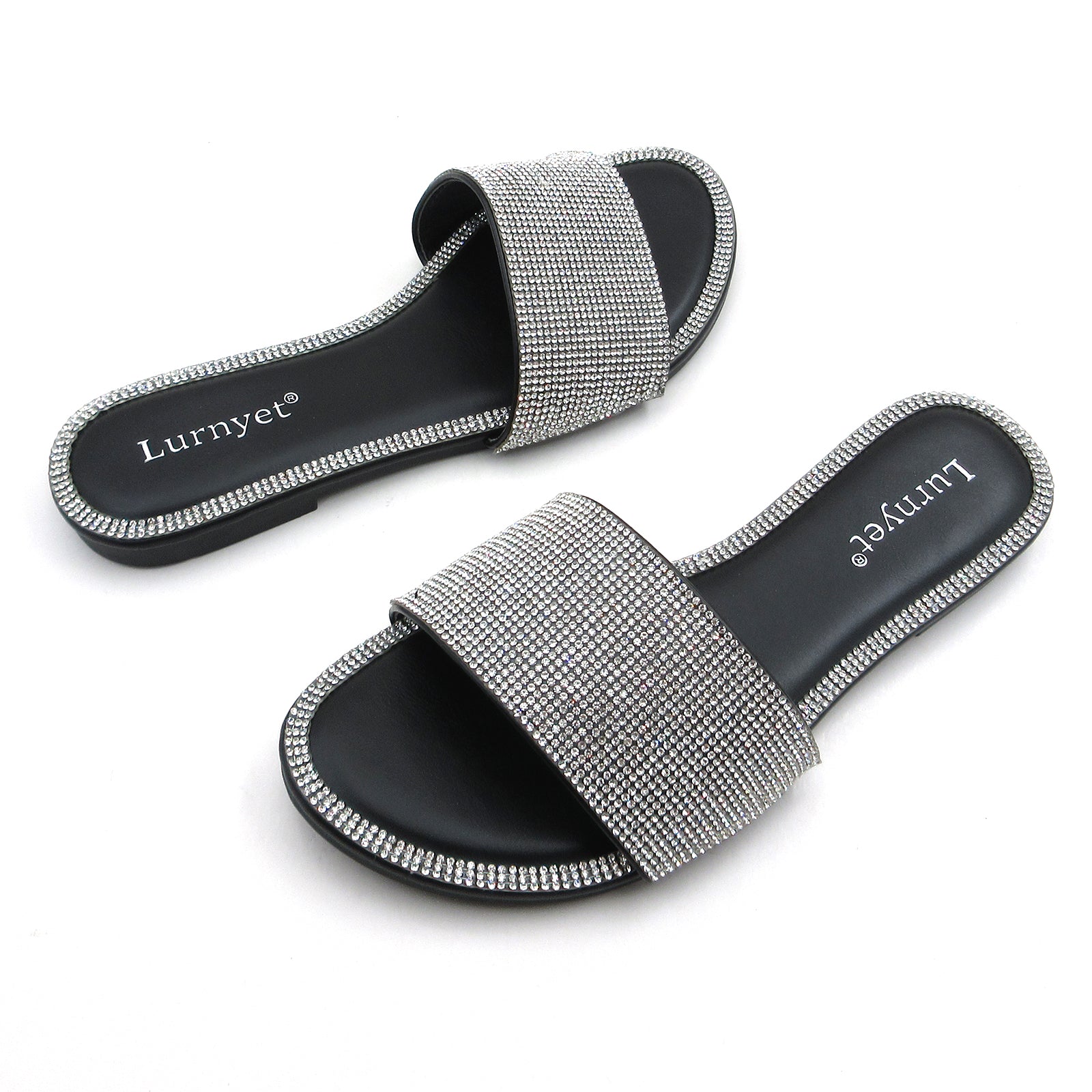 Lurnyet Women Rhinestone Embellished Slide Sandals