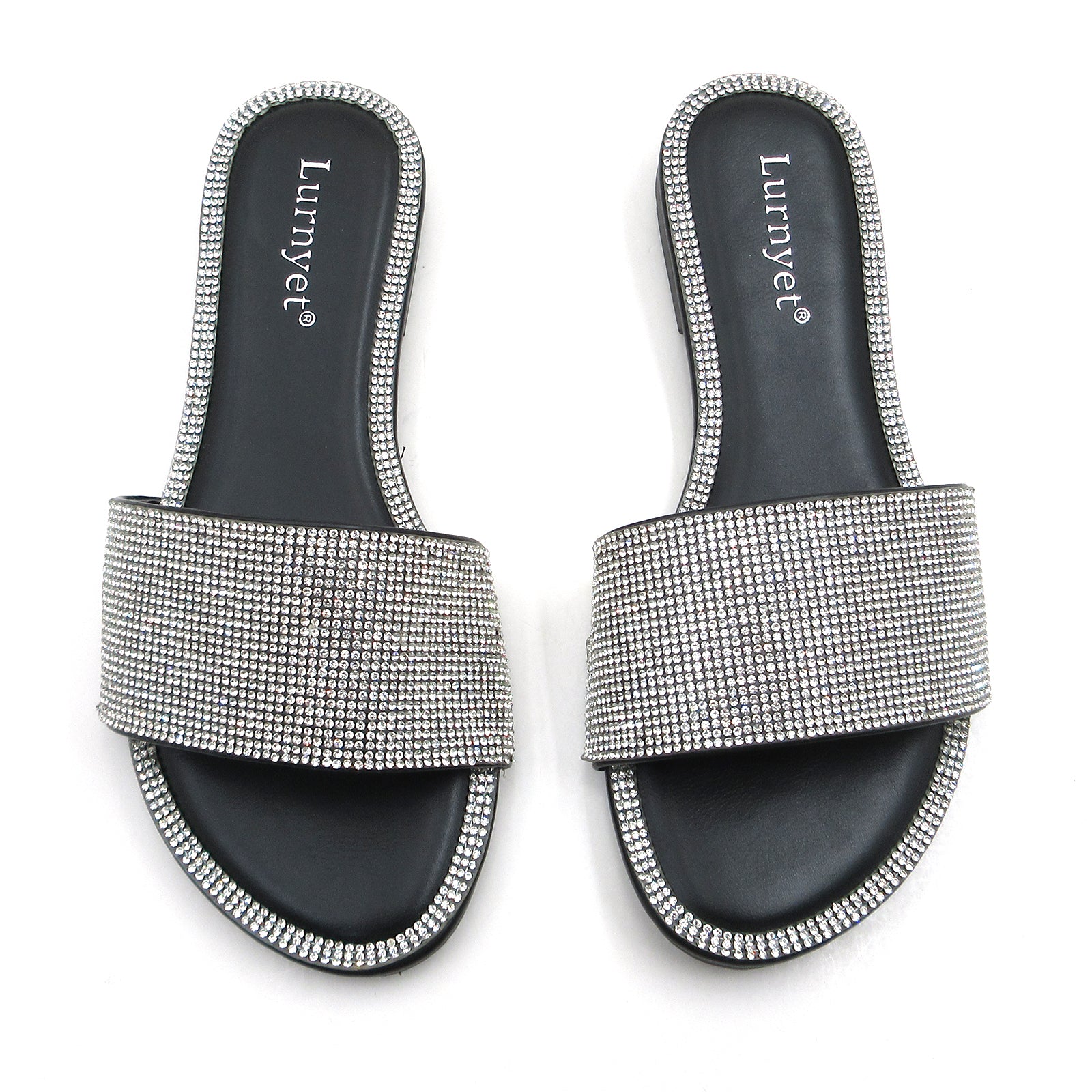 Lurnyet Women Rhinestone Embellished Slide Sandals