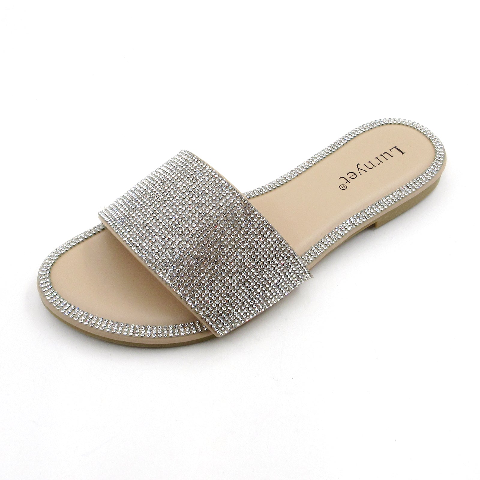 Lurnyet Women Rhinestone Embellished Slide Sandals
