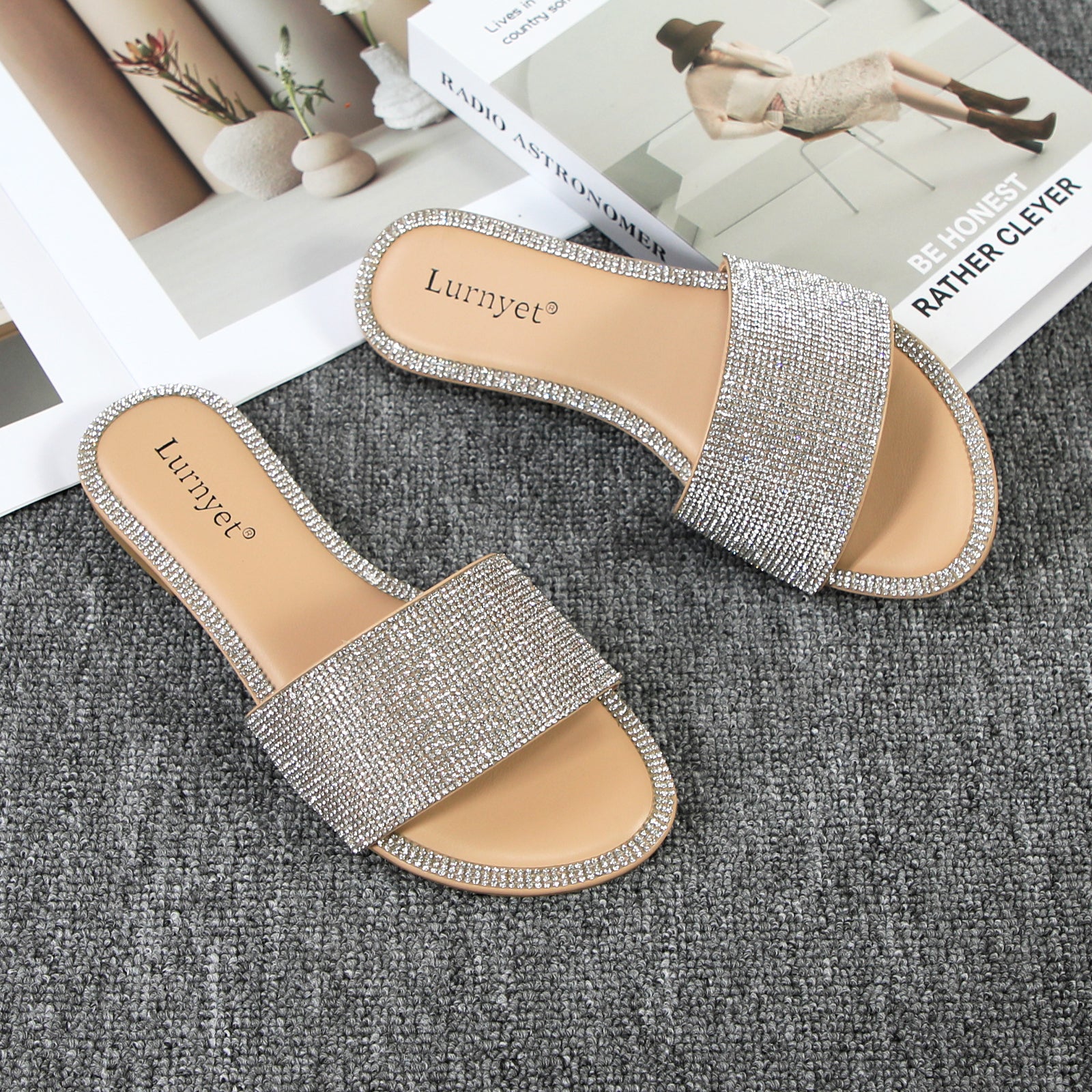 Lurnyet Women Rhinestone Embellished Slide Sandals