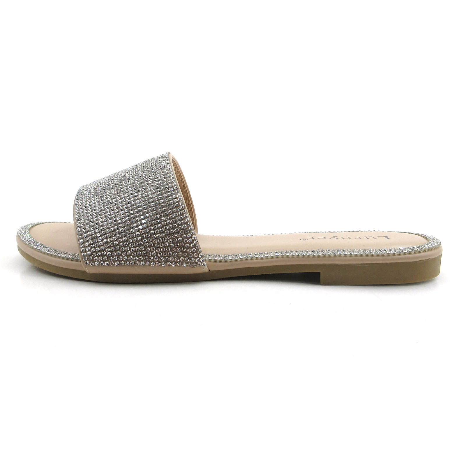 Lurnyet Women Rhinestone Embellished Slide Sandals