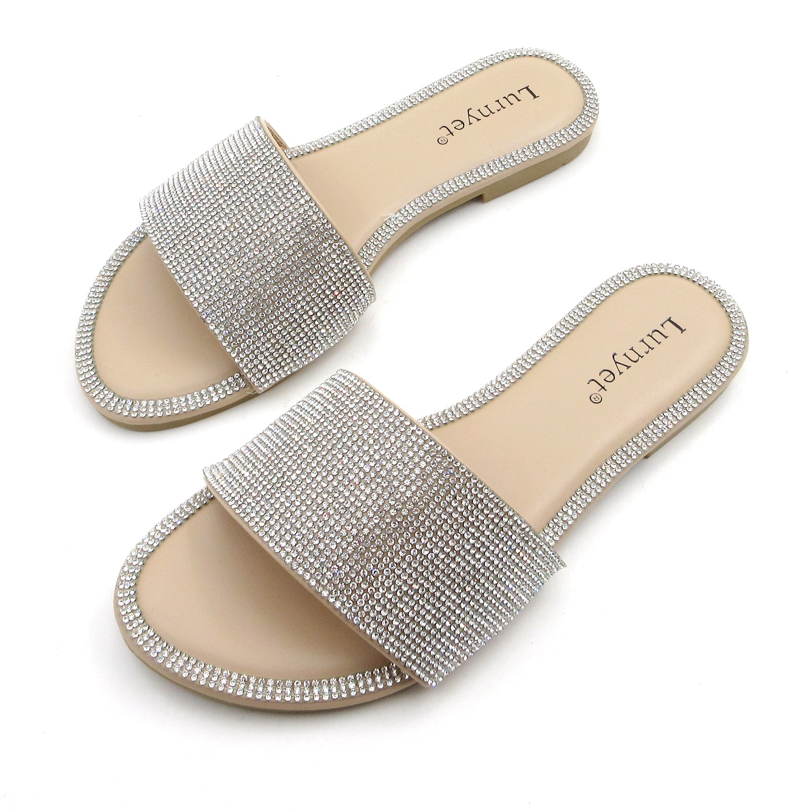 Lurnyet Women Rhinestone Embellished Slide Sandals