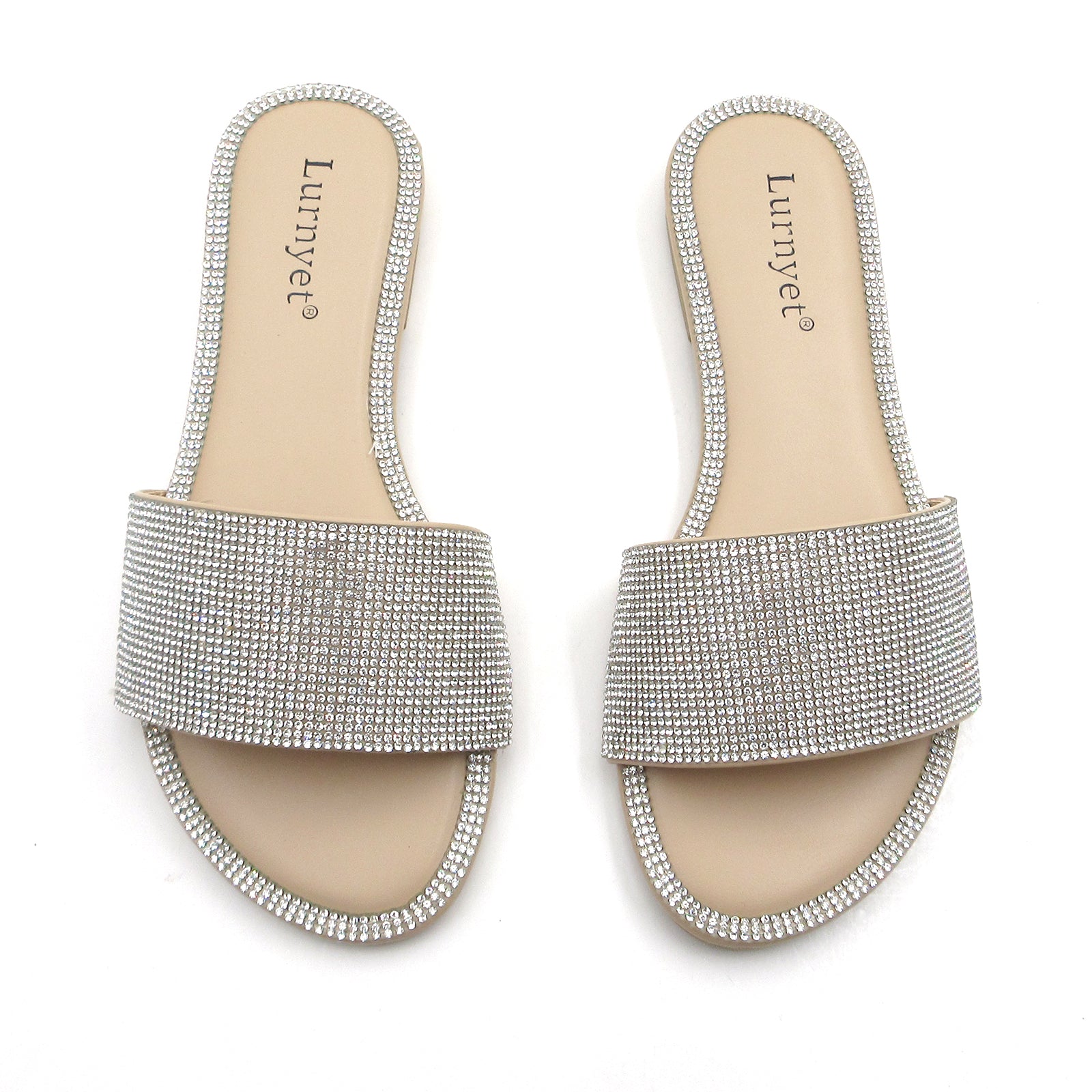 Lurnyet Women Rhinestone Embellished Slide Sandals