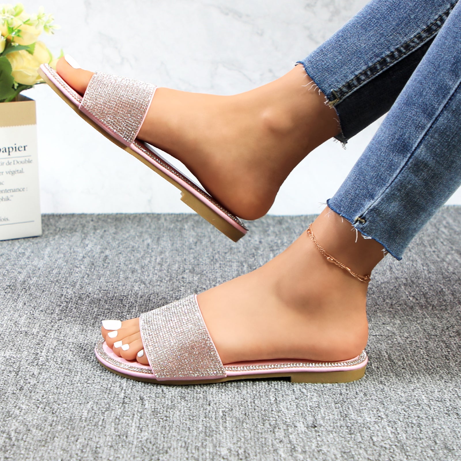 Lurnyet Women Rhinestone Embellished Slide Sandals