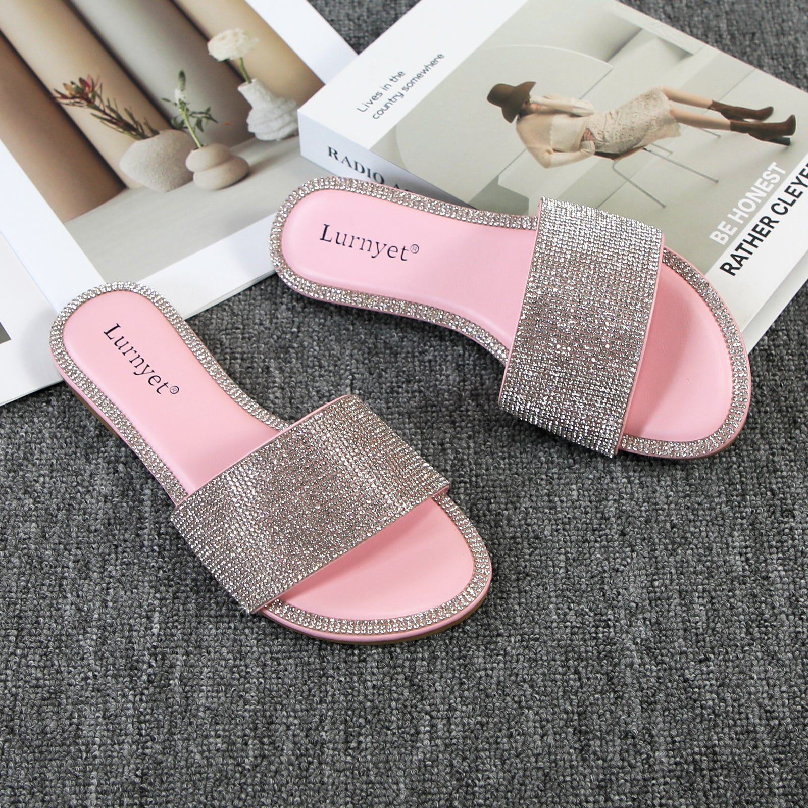 Lurnyet Women Rhinestone Embellished Slide Sandals
