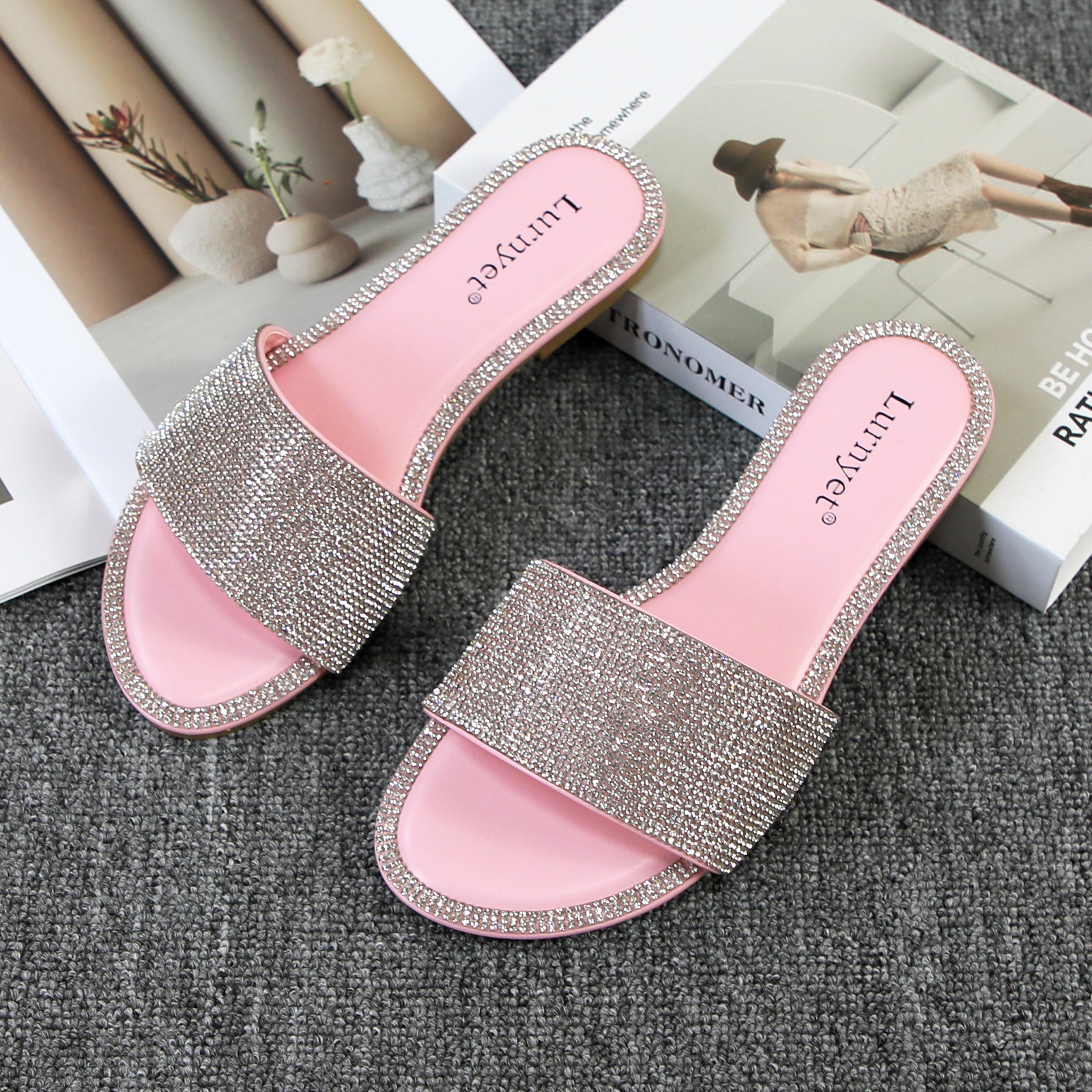 Lurnyet Women Rhinestone Embellished Slide Sandals