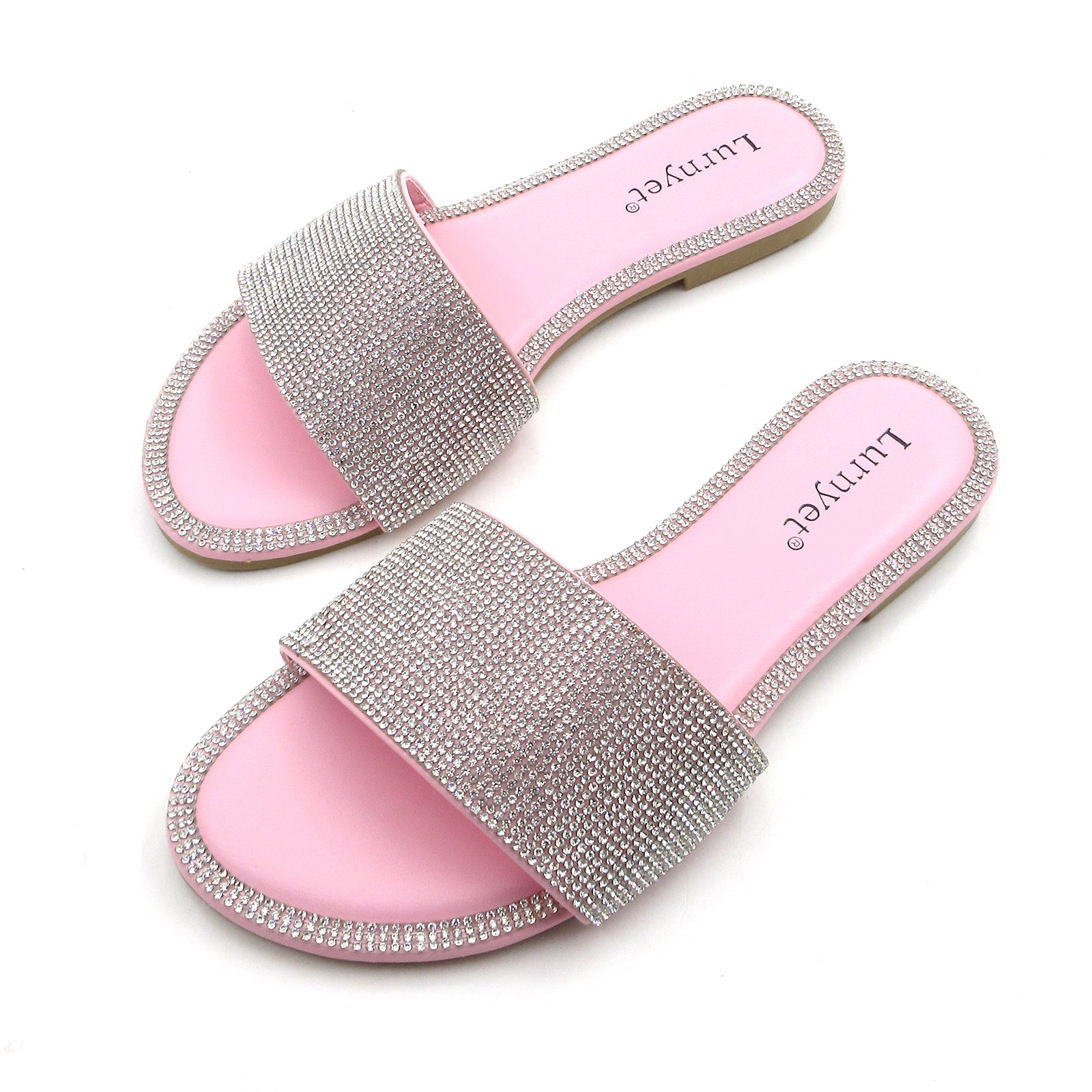 Lurnyet Women Rhinestone Embellished Slide Sandals