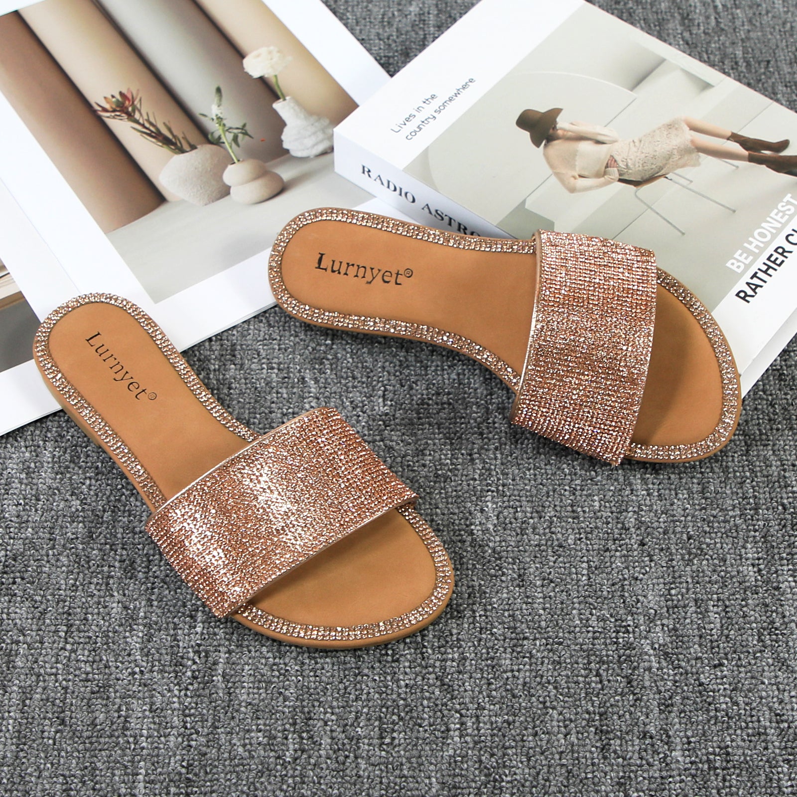 Lurnyet Women Rhinestone Embellished Slide Sandals