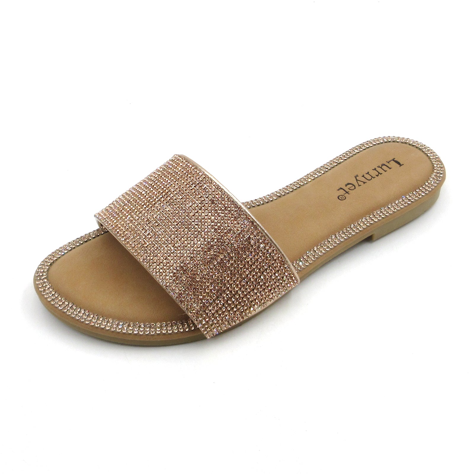 Lurnyet Women Rhinestone Embellished Slide Sandals