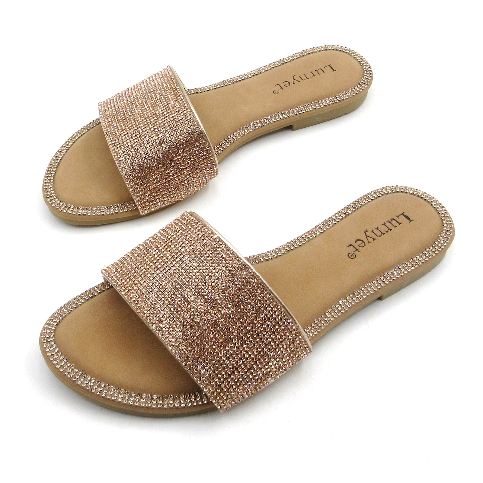 Lurnyet Women Rhinestone Embellished Slide Sandals