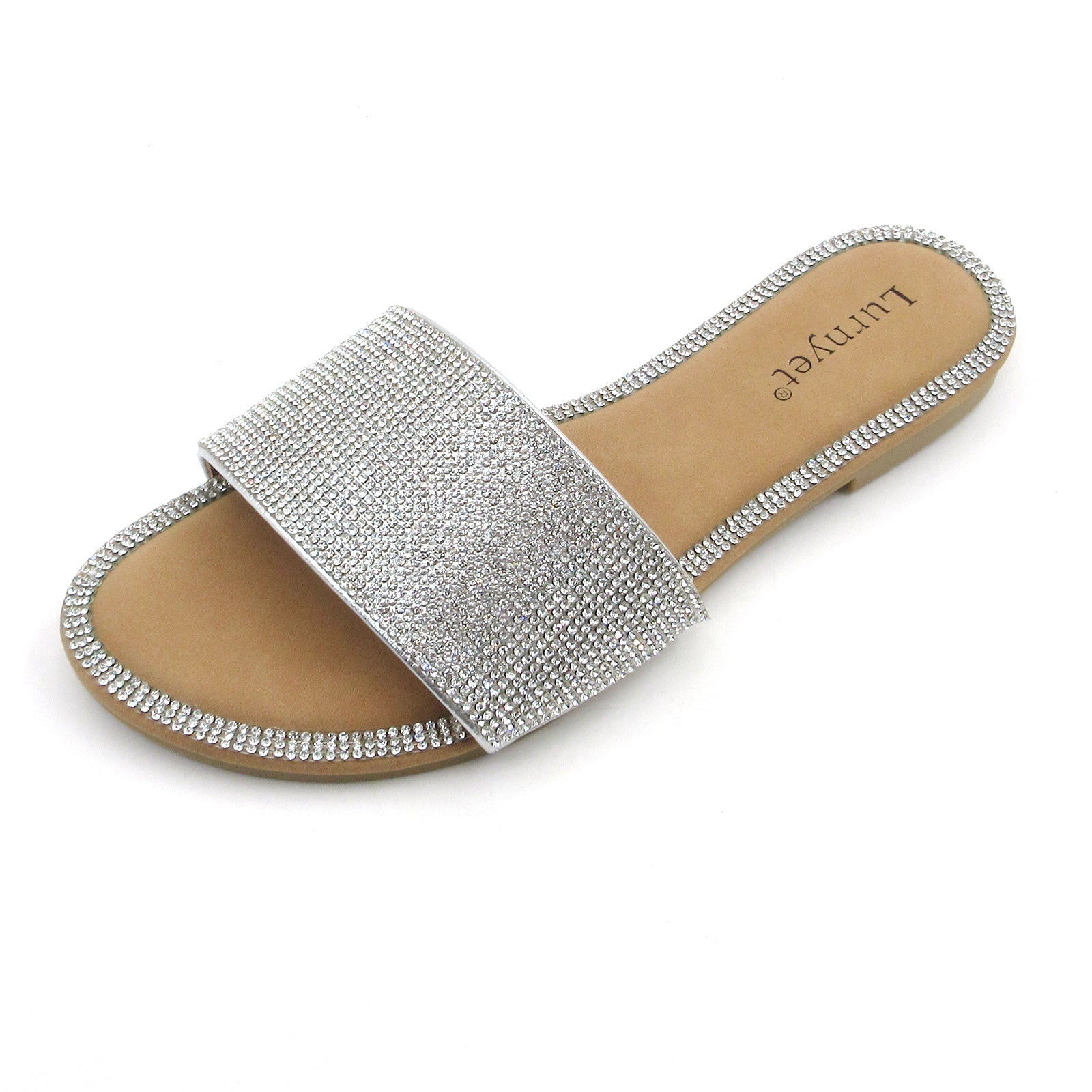 Lurnyet Women Rhinestone Embellished Slide Sandals