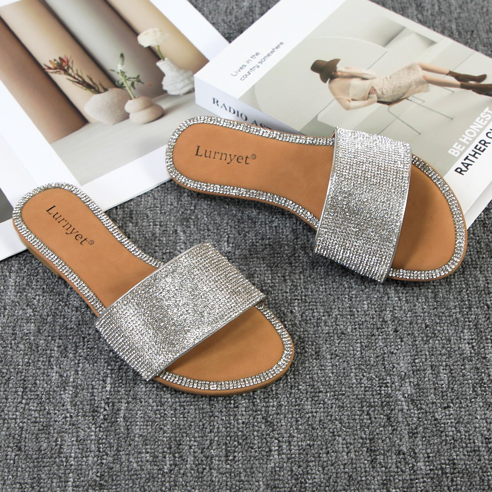 Lurnyet Women Rhinestone Embellished Slide Sandals