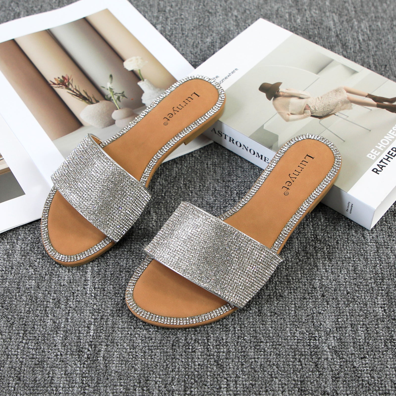 Lurnyet Women Rhinestone Embellished Slide Sandals