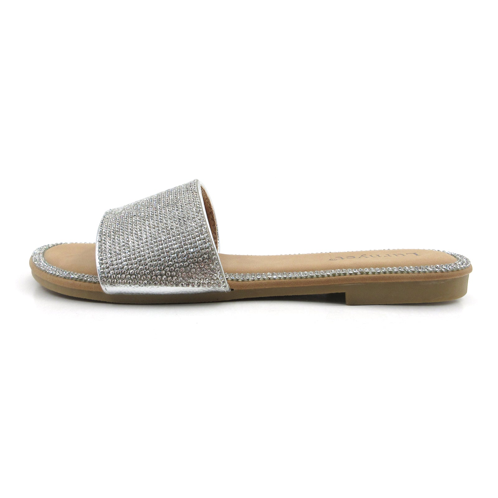 Lurnyet Women Rhinestone Embellished Slide Sandals