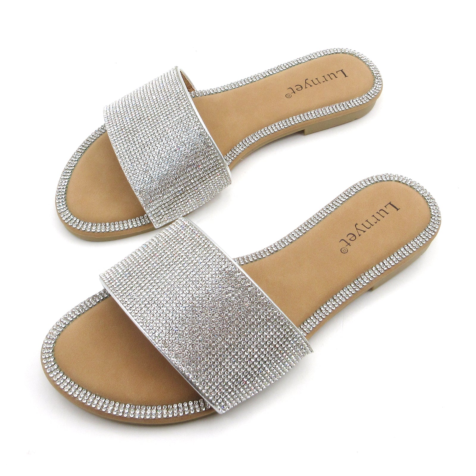 Lurnyet Women Rhinestone Embellished Slide Sandals