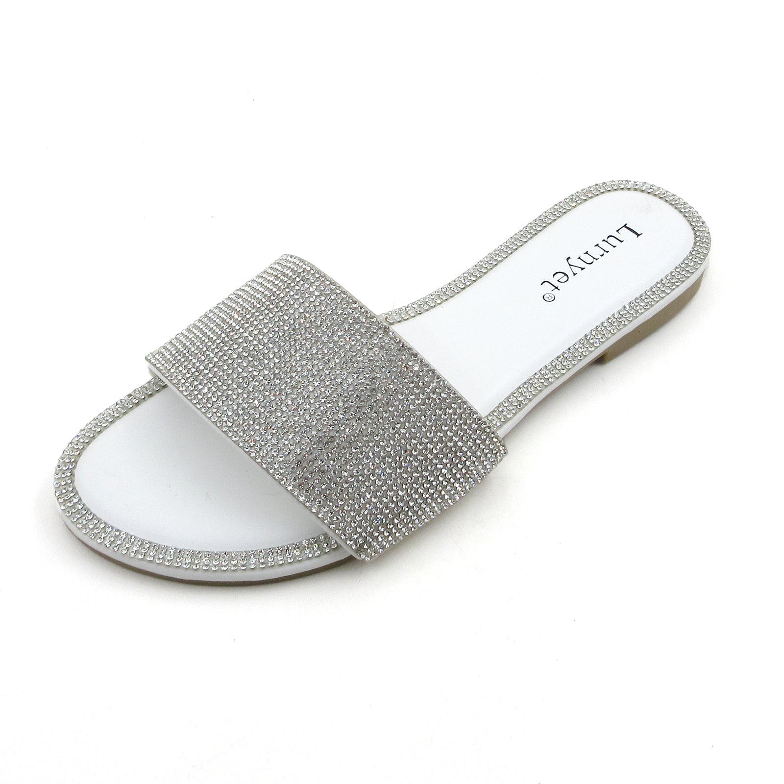 Lurnyet Women Rhinestone Embellished Slide Sandals