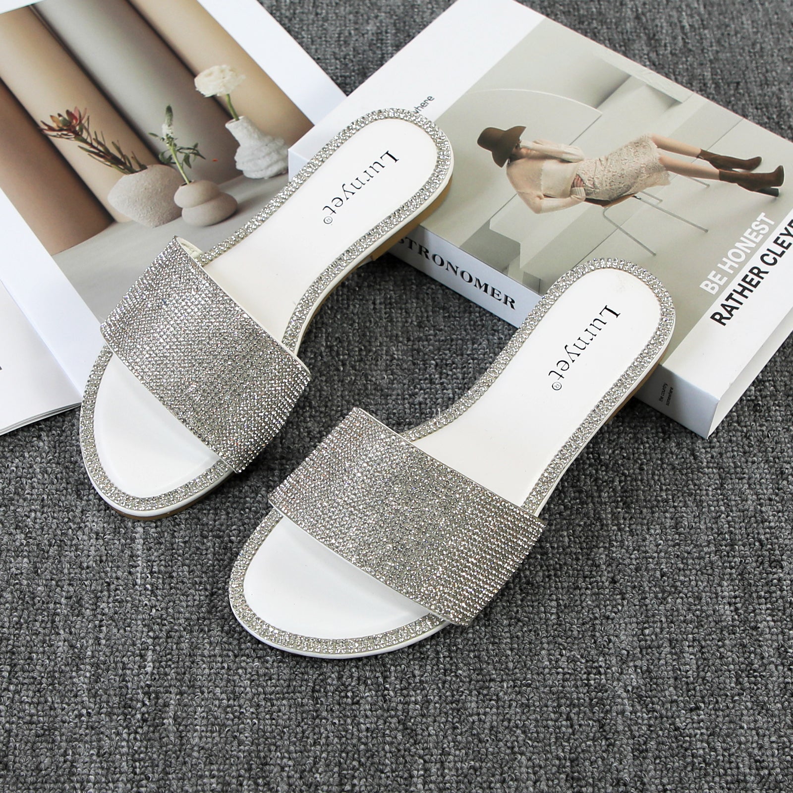 Lurnyet Women Rhinestone Embellished Slide Sandals