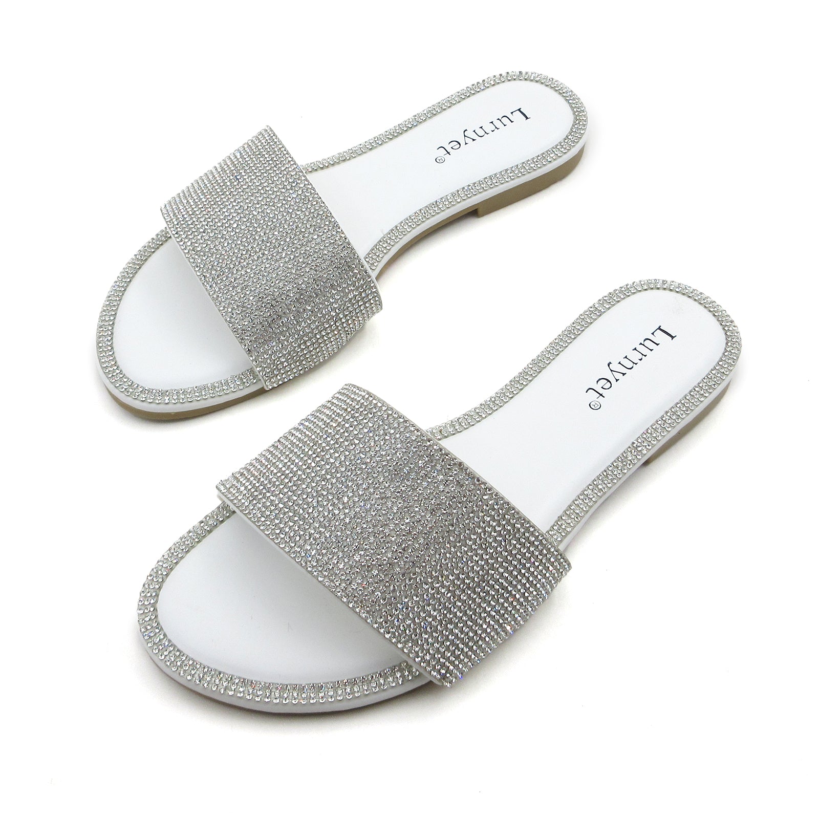 Lurnyet Women Rhinestone Embellished Slide Sandals