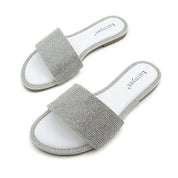 Lurnyet Women Rhinestone Embellished Slide Sandals
