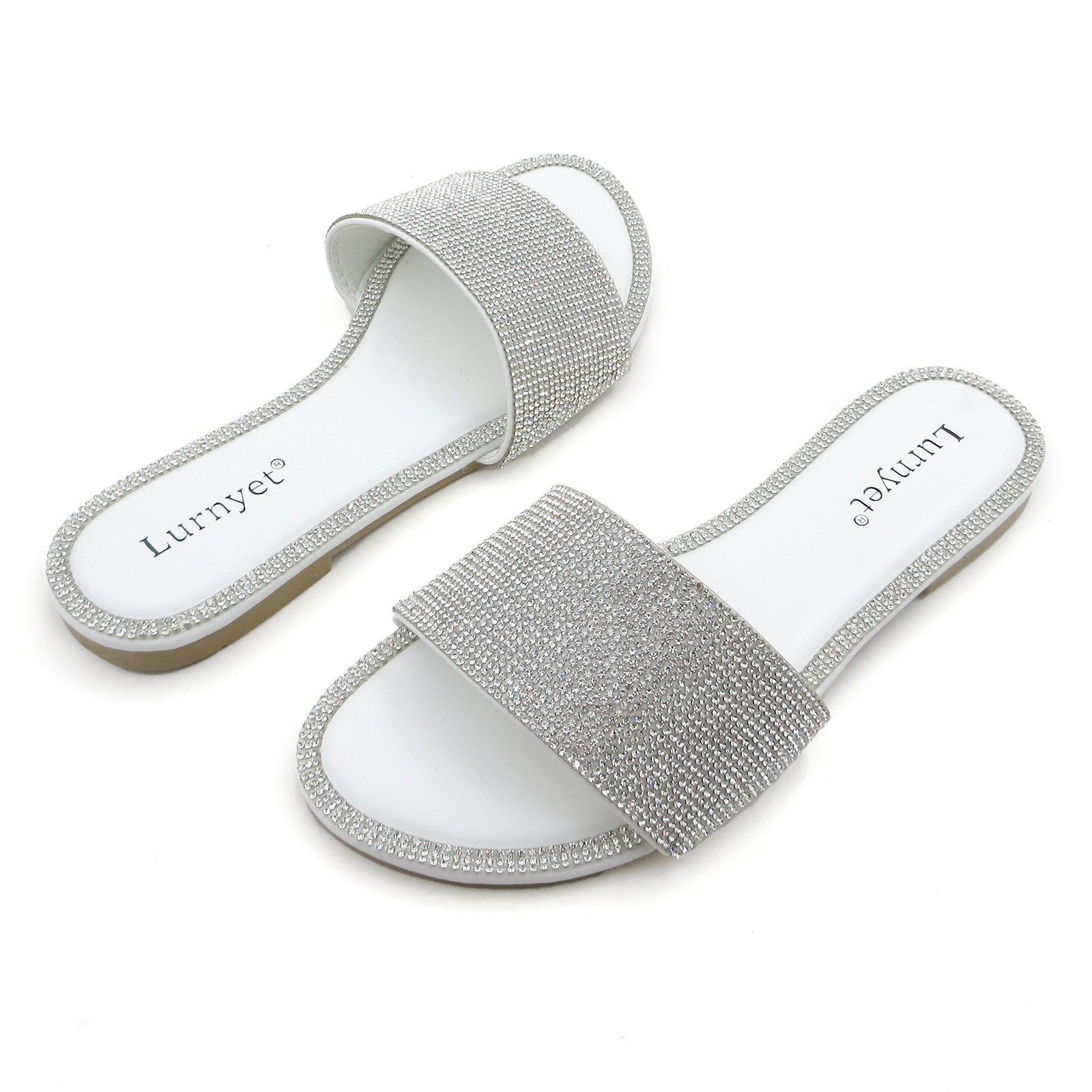 Lurnyet Women Rhinestone Embellished Slide Sandals