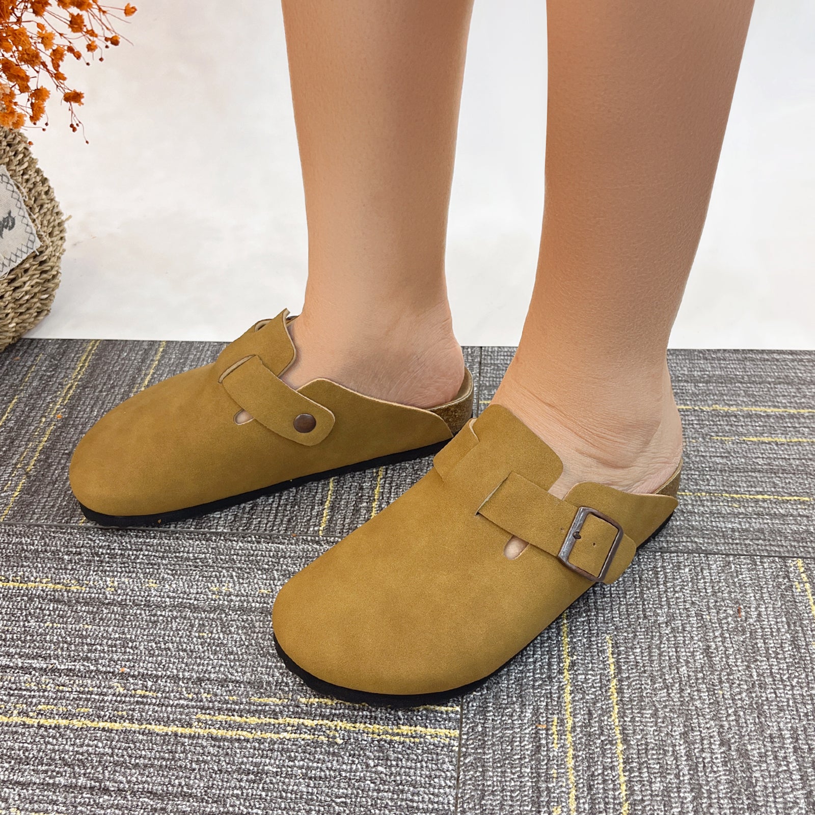 Lurnyet Women's Slip On Suede Clogs with Buckle Closure Sandal
