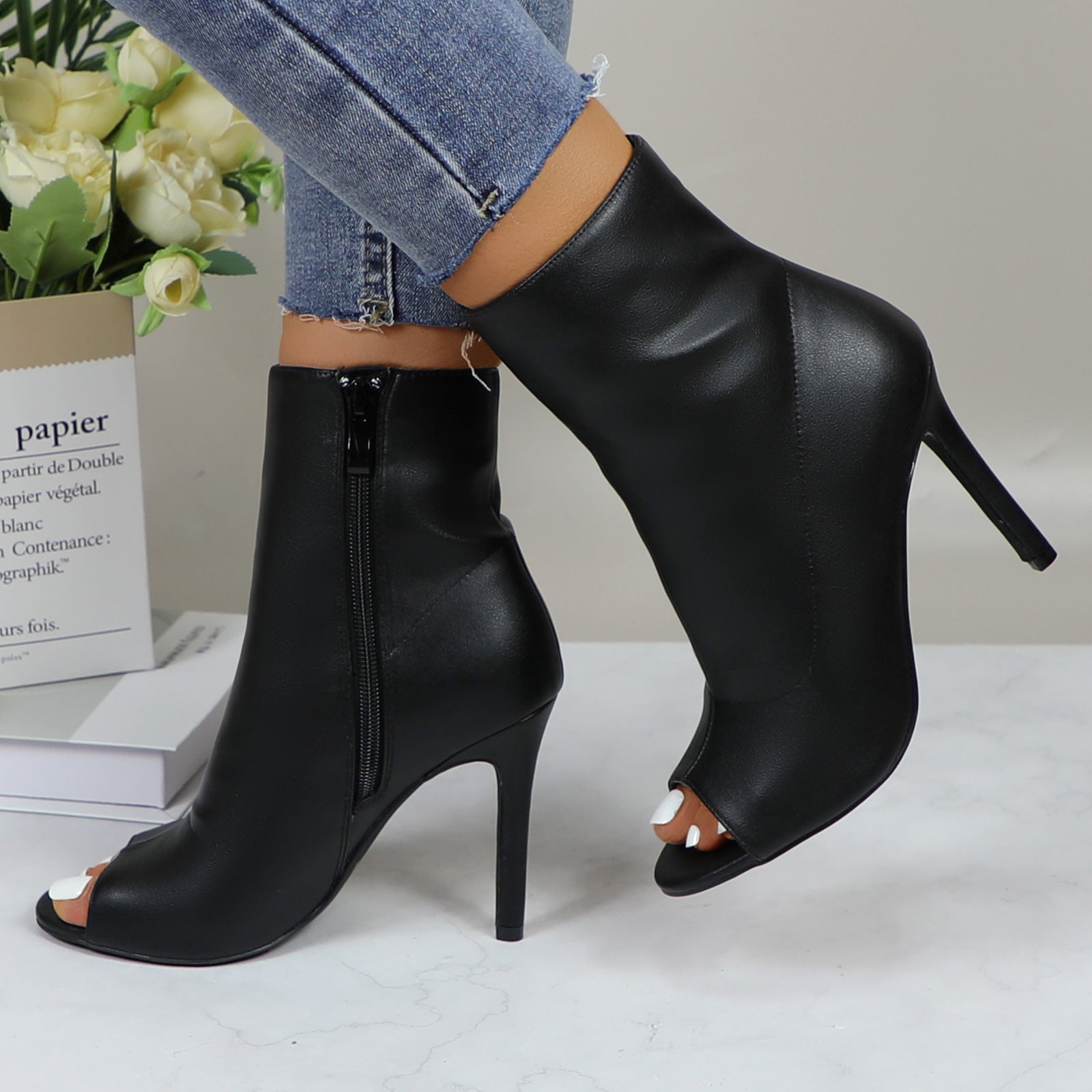 Lurnyet Women's Peep Toe Ankle 4 Inch High Heel Boot