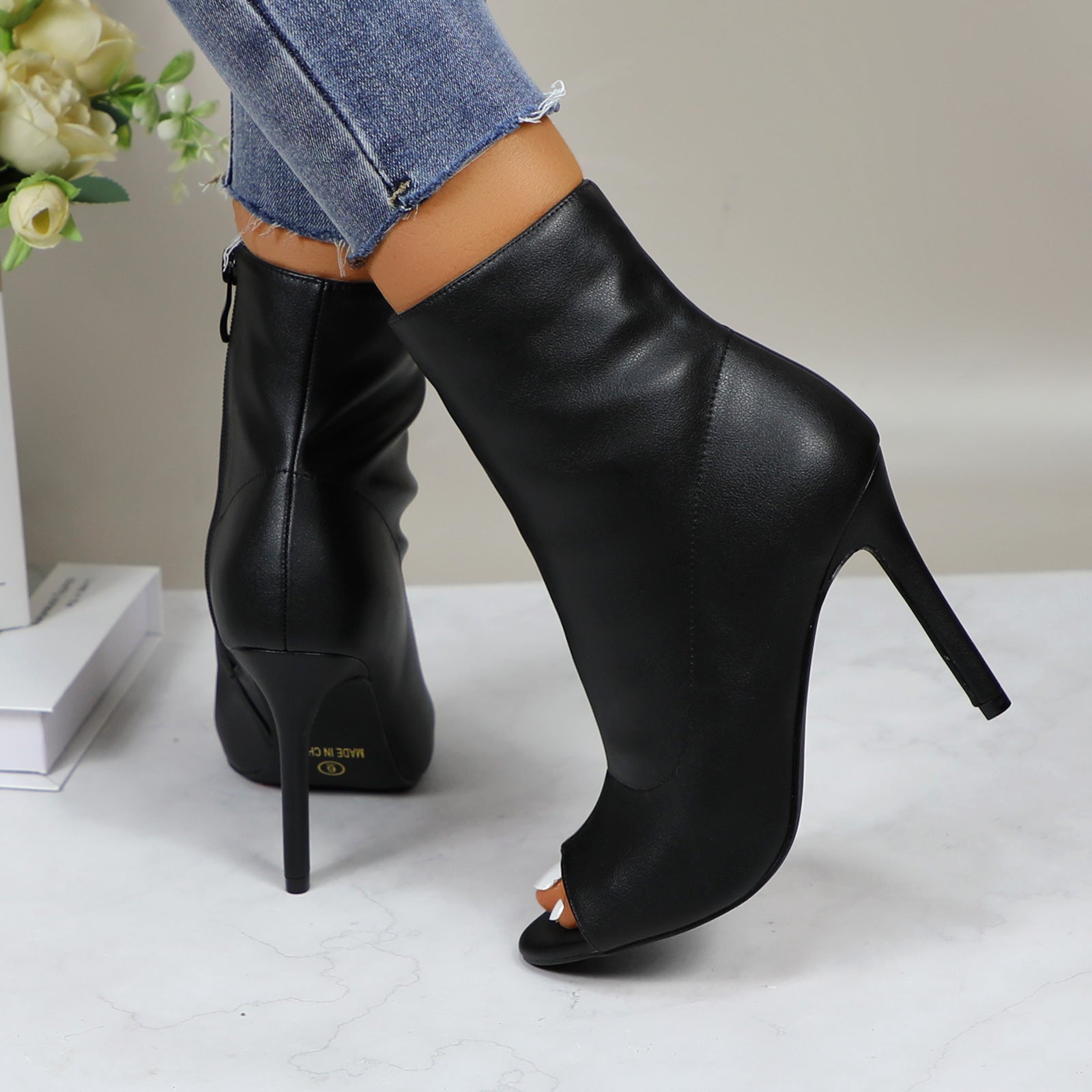 Lurnyet Women's Peep Toe Ankle 4 Inch High Heel Boot