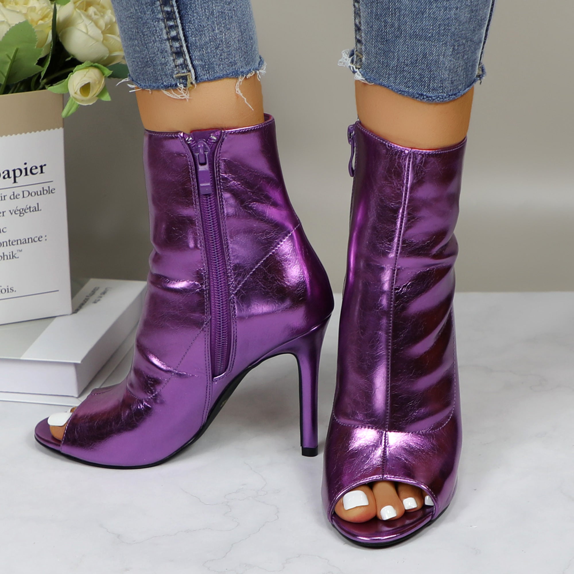 Lurnyet Women's Peep Toe Ankle 4 Inch High Heel Boot
