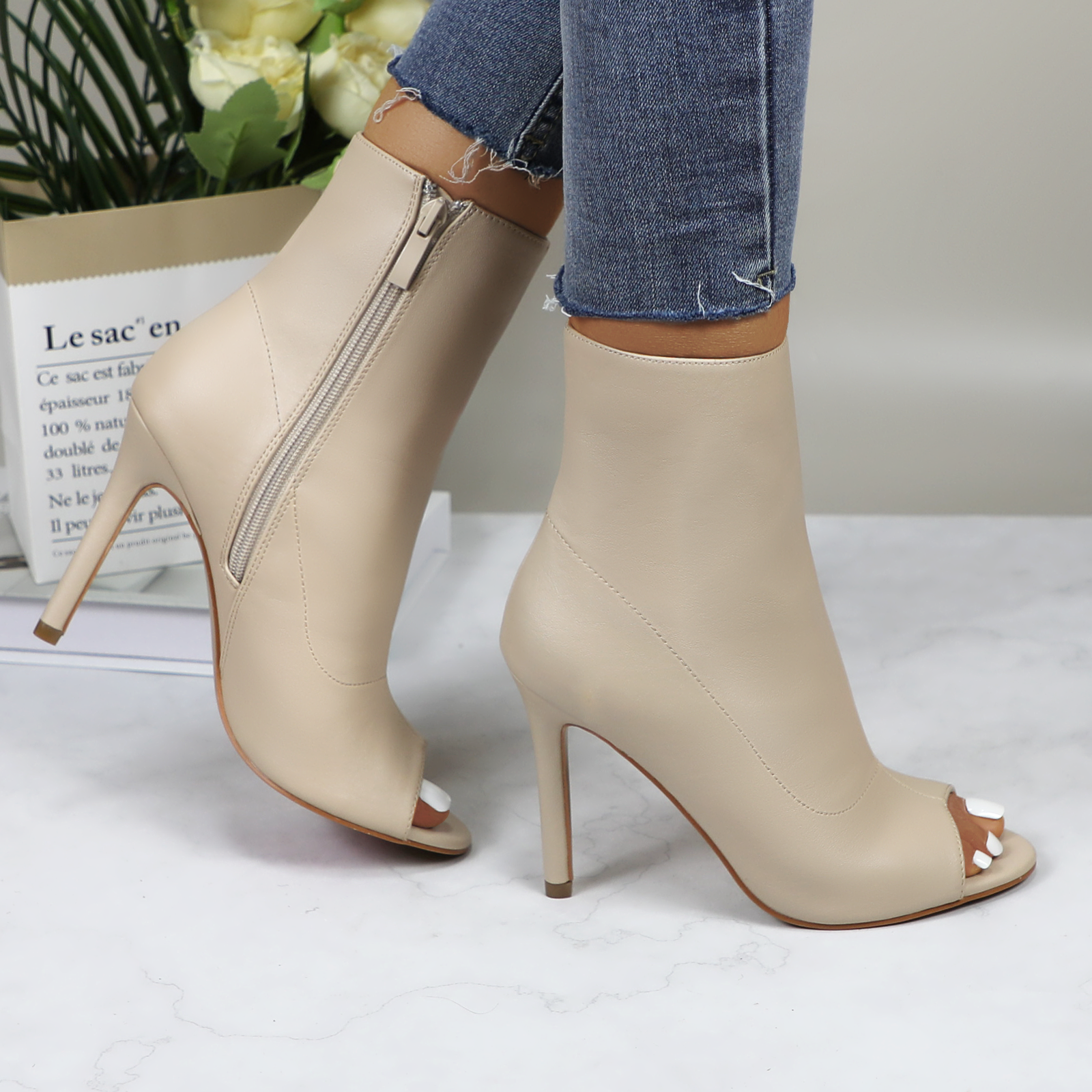 Lurnyet Women's Peep Toe Ankle 4 Inch High Heel Boot