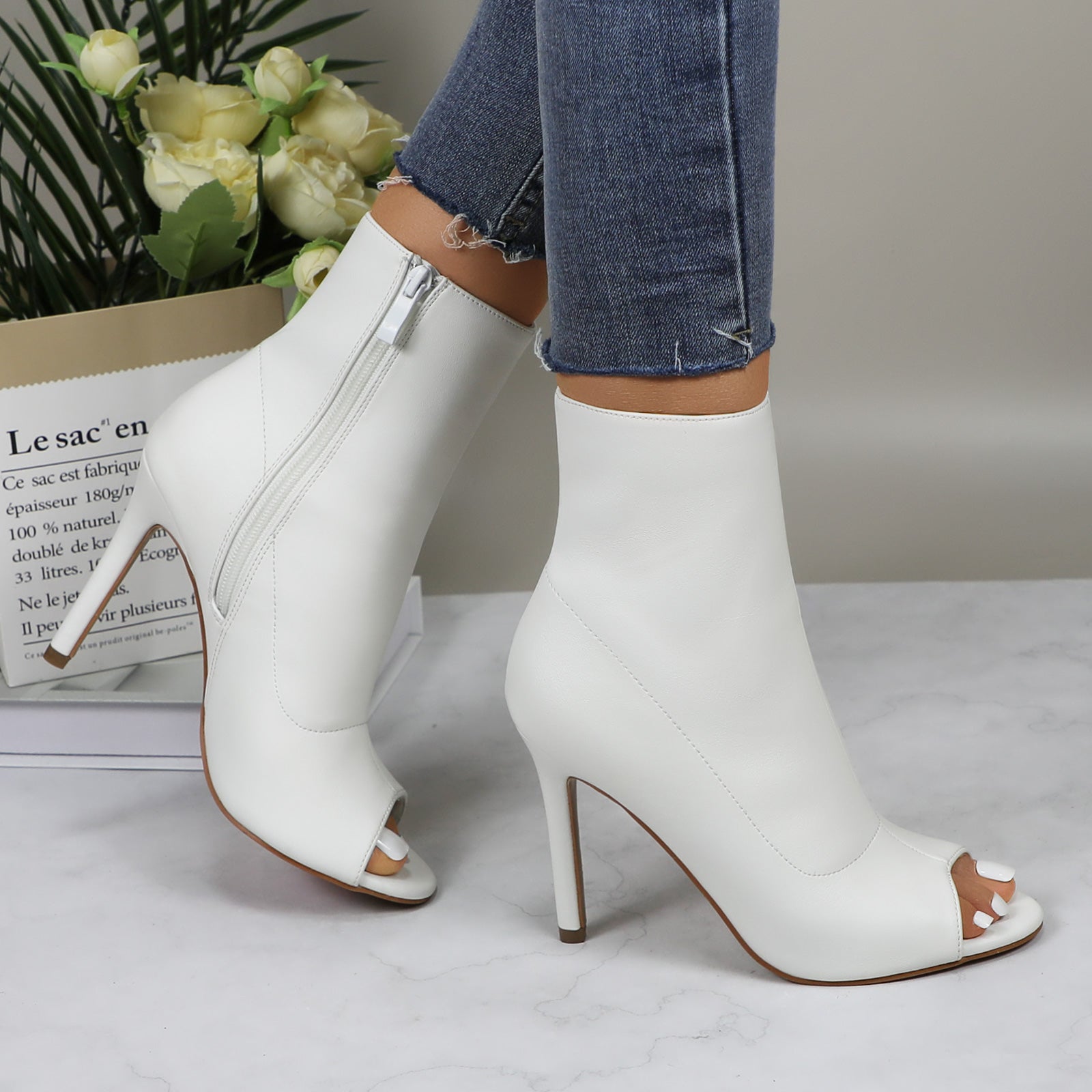 Lurnyet Women's Peep Toe Ankle 4 Inch High Heel Boot