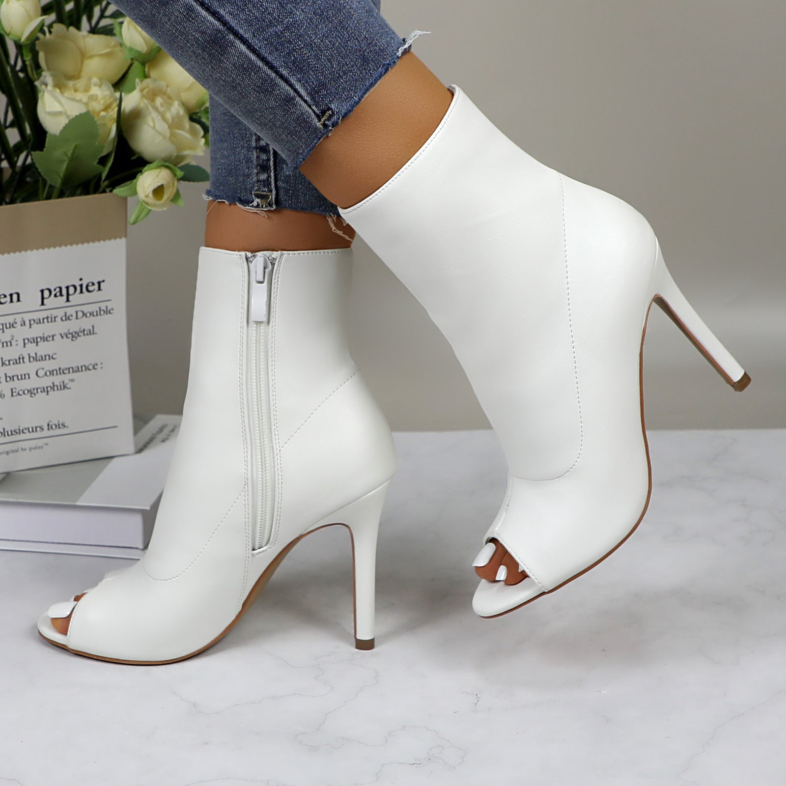 Lurnyet Women's Peep Toe Ankle 4 Inch High Heel Boot