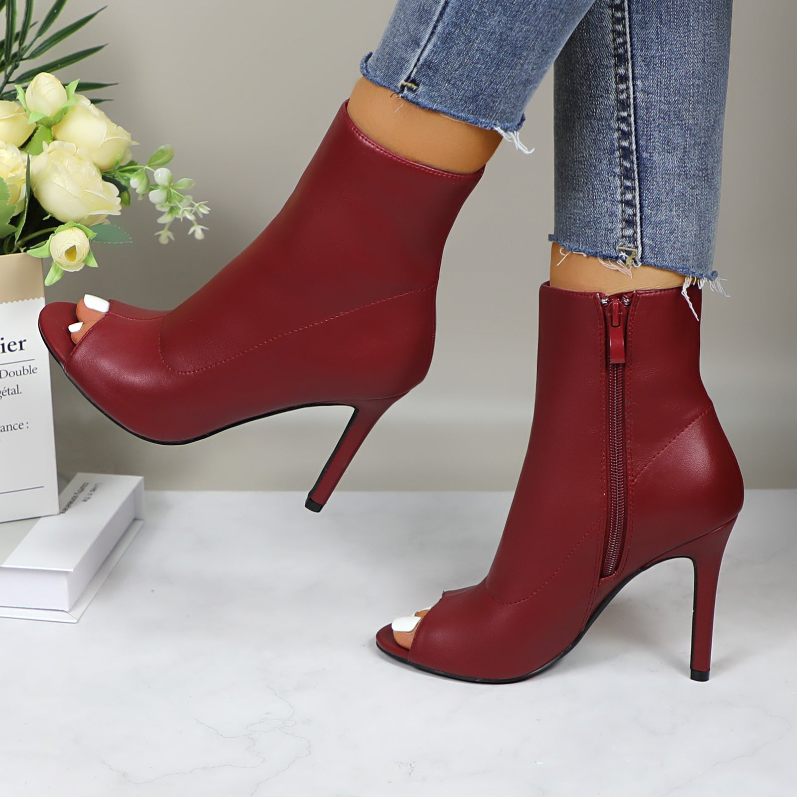 Lurnyet Women's Peep Toe Ankle 4 Inch High Heel Boot