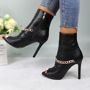 Lurnyet Women's Chain Detail Peep Toe 4 Inch High Heel Ankle Boot