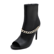 Lurnyet Women's Chain Detail Peep Toe 4 Inch High Heel Ankle Boot