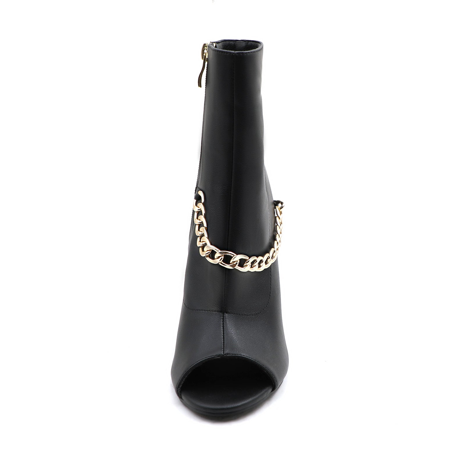 Lurnyet Women's Chain Detail Peep Toe 4 Inch High Heel Ankle Boot