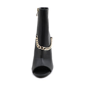 Lurnyet Women's Chain Detail Peep Toe 4 Inch High Heel Ankle Boot