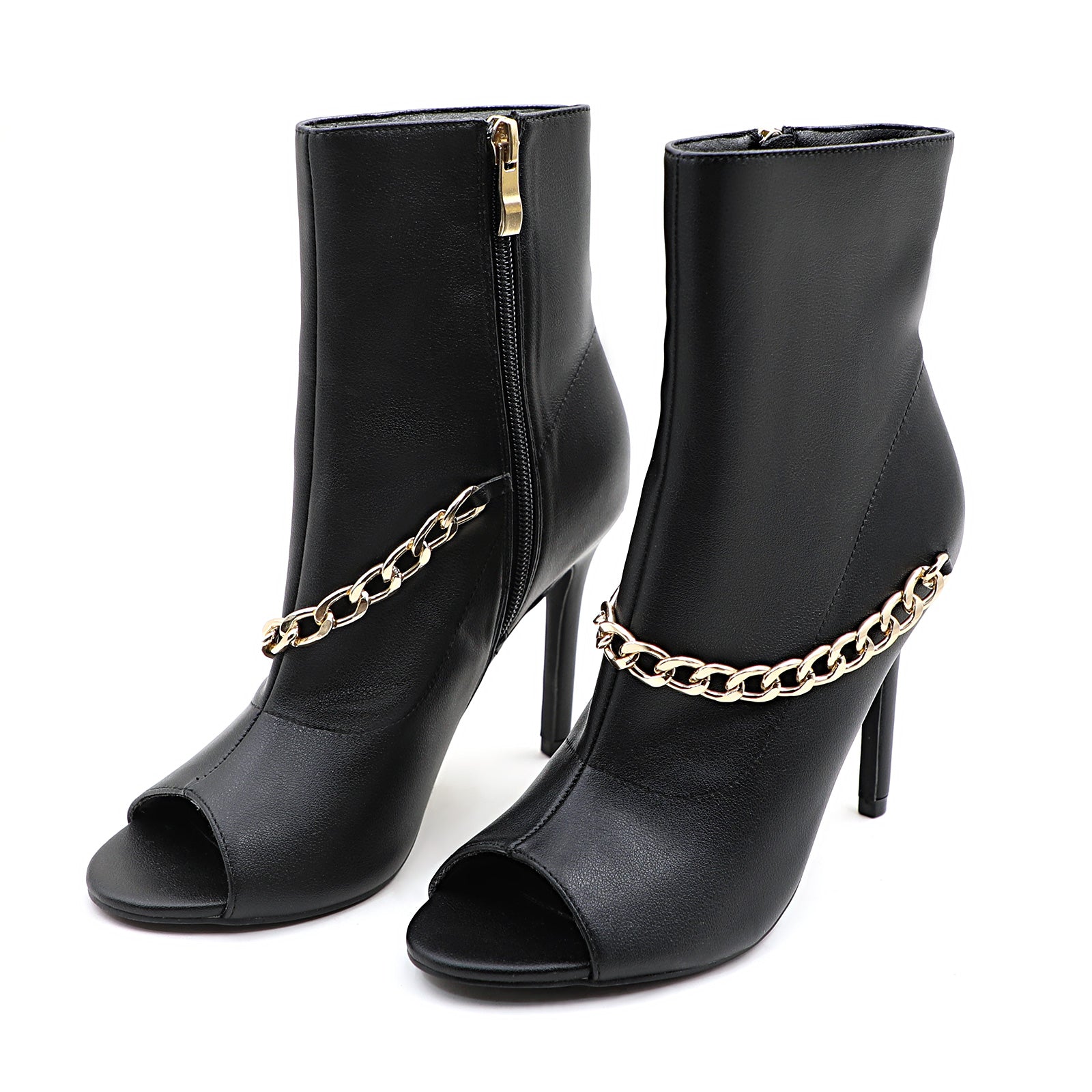 Lurnyet Women's Chain Detail Peep Toe 4 Inch High Heel Ankle Boot