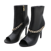 Lurnyet Women's Chain Detail Peep Toe 4 Inch High Heel Ankle Boot