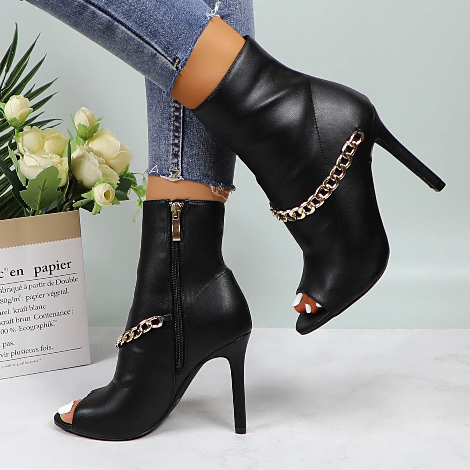 Lurnyet Women's Chain Detail Peep Toe 4 Inch High Heel Ankle Boot
