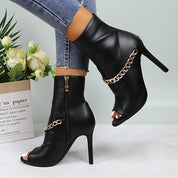 Lurnyet Women's Chain Detail Peep Toe 4 Inch High Heel Ankle Boot
