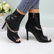 Lurnyet Women's Chain Detail Peep Toe 4 Inch High Heel Ankle Boot