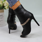 Lurnyet Women's Chain Detail Peep Toe 4 Inch High Heel Ankle Boot
